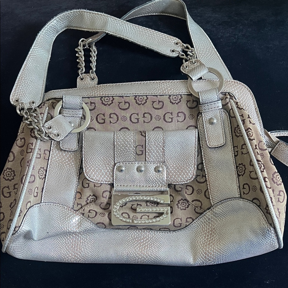 G by Guess Metallic Silver and Tan Shoulder Bag